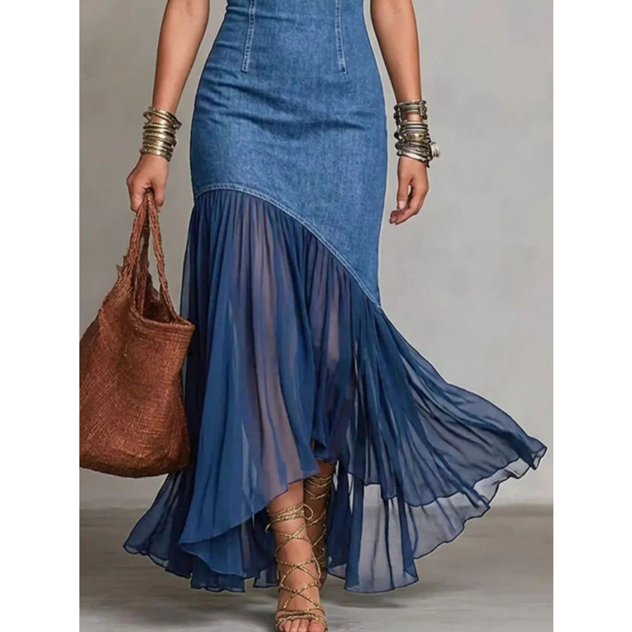 Mock Neck Cold Shoulder Ruffle Hem Maxi Dress Apparel and Accessories