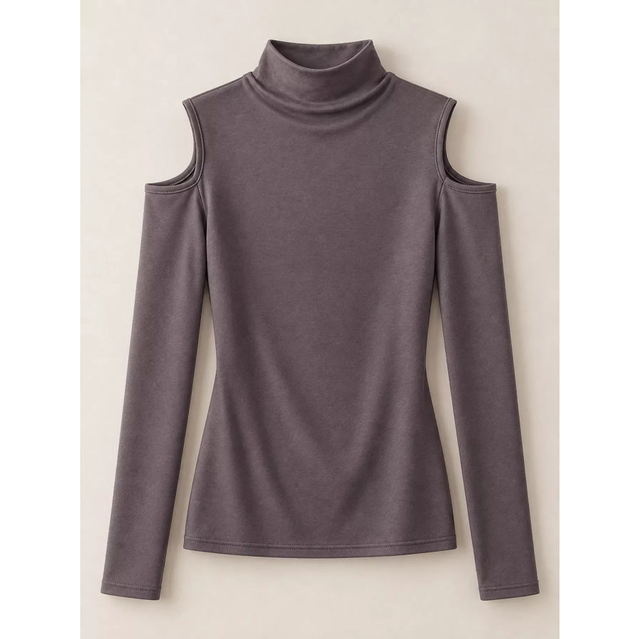 Mock Neck Cold-Shoulder Slim-Fit T-Shirt Coffee / S Apparel and Accessories