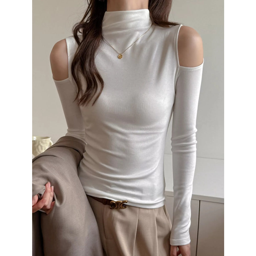 Mock Neck Cold-Shoulder Slim-Fit T-Shirt White / S Apparel and Accessories