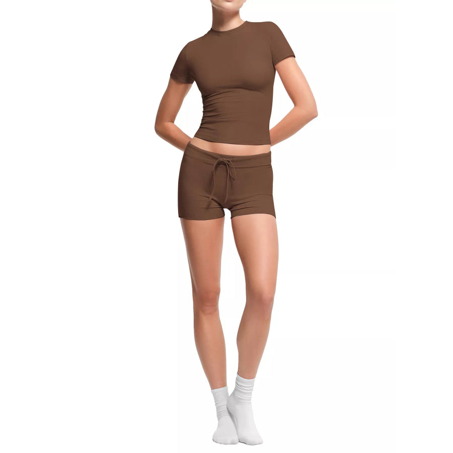 Mock Neck Crop Top and Drawstring Shorts Set Apparel and Accessories