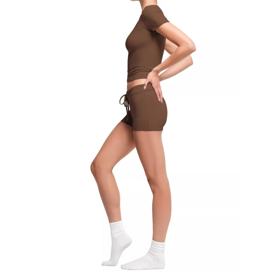 Mock Neck Crop Top and Drawstring Shorts Set Apparel and Accessories