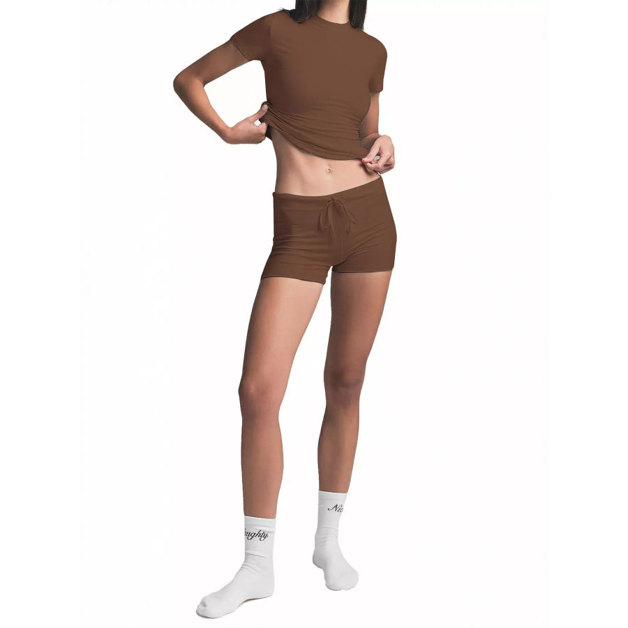 Mock Neck Crop Top and Drawstring Shorts Set Apparel and Accessories