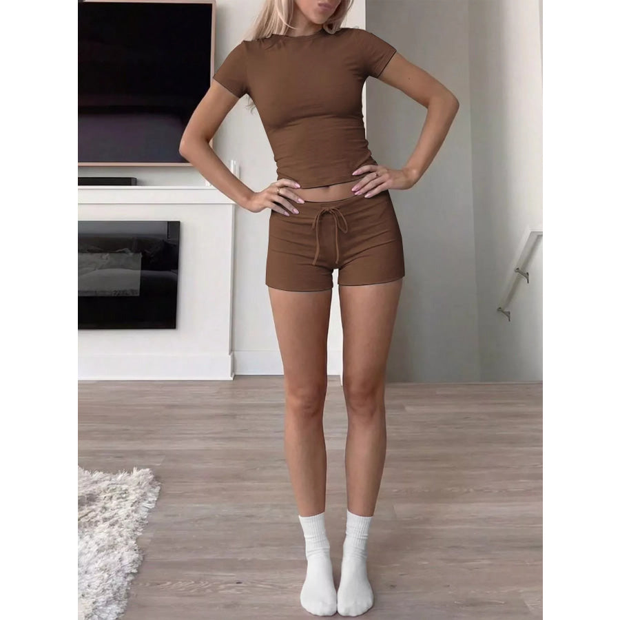 Mock Neck Crop Top and Drawstring Shorts Set Brown / XS Apparel and Accessories