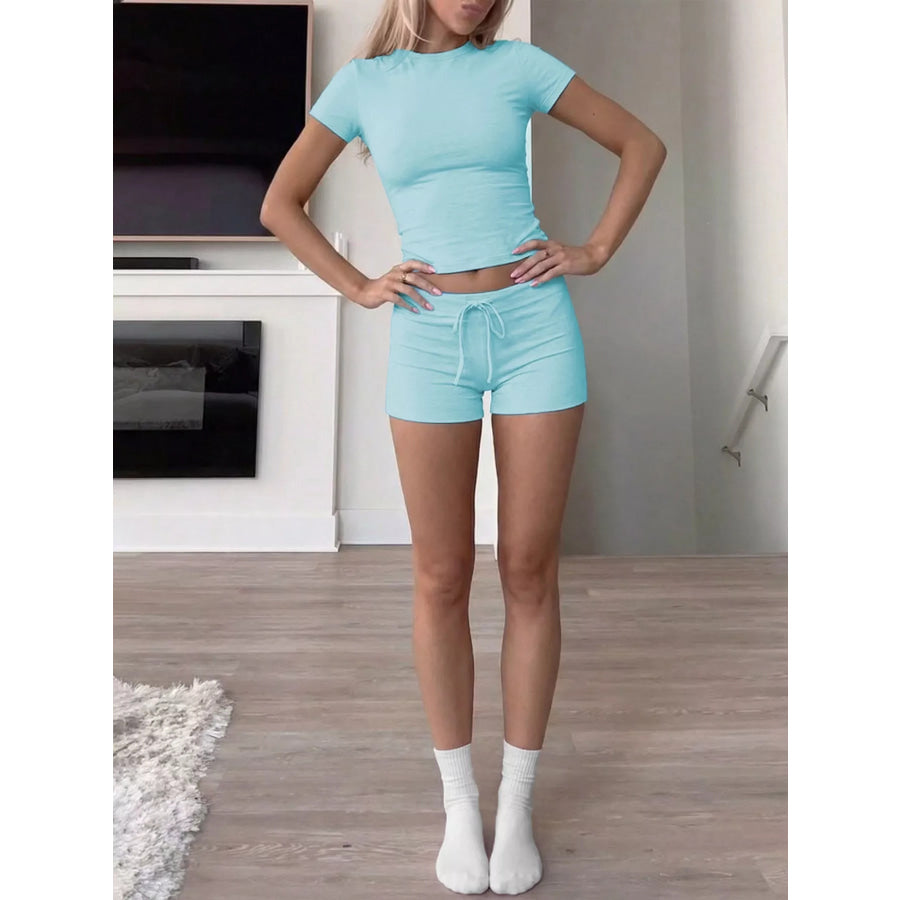 Mock Neck Crop Top and Drawstring Shorts Set Sky Blue / XS Apparel and Accessories