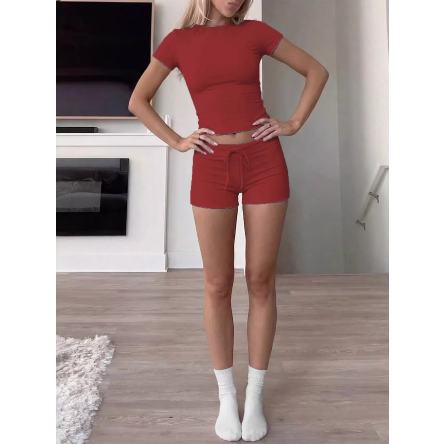 Mock Neck Crop Top and Drawstring Shorts Set Wine Red / XS Apparel and Accessories