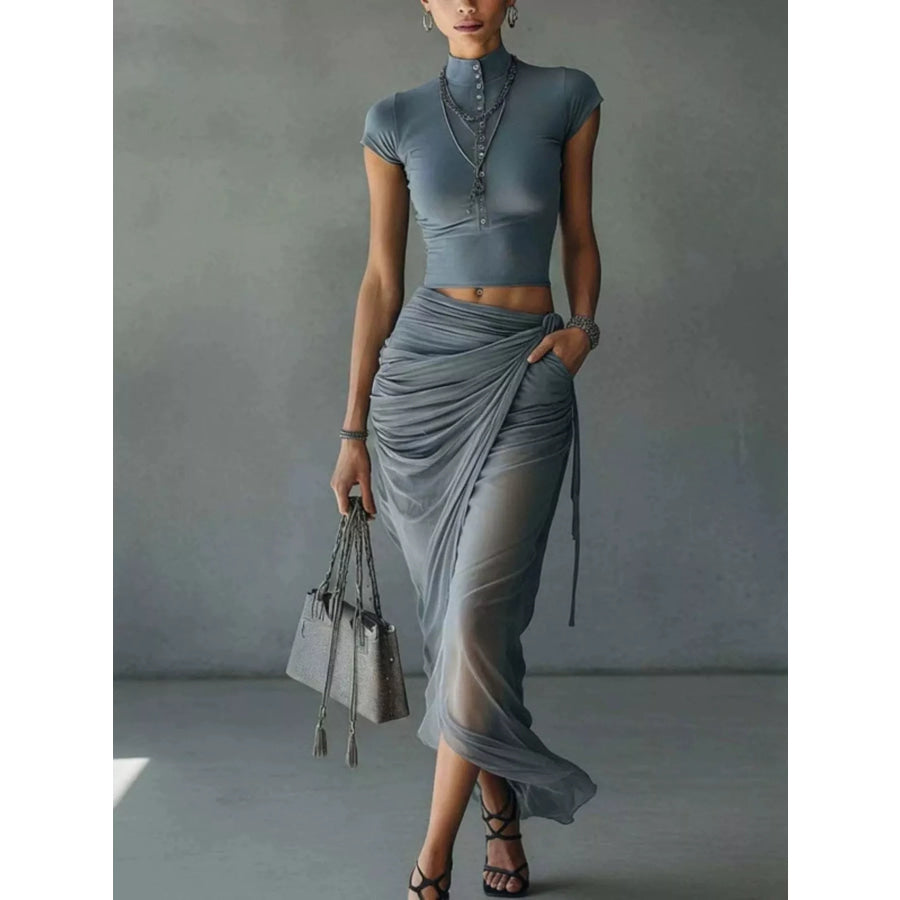 Mock Neck Crop Top and Ruched Maxi Skirt Set Air Force Blue / S Apparel Accessories