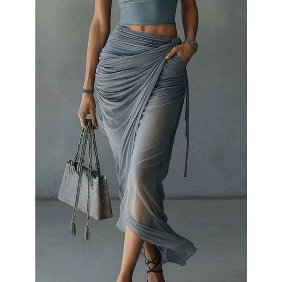 Mock Neck Crop Top and Ruched Maxi Skirt Set Apparel Accessories