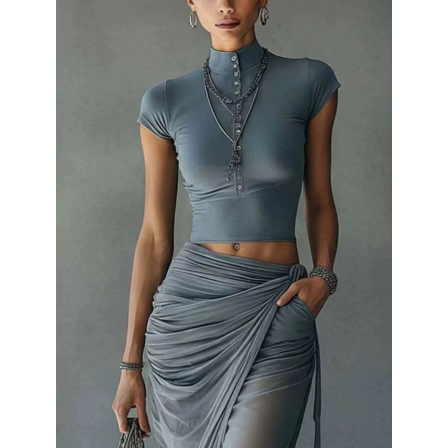 Mock Neck Crop Top and Ruched Maxi Skirt Set Apparel Accessories