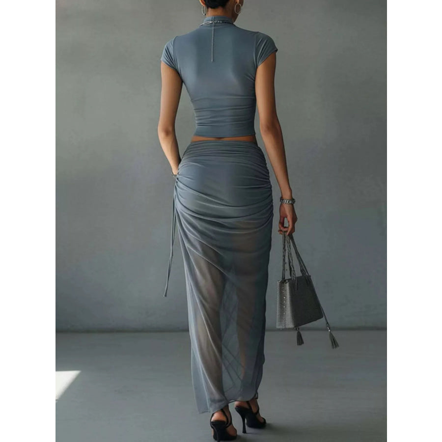 Mock Neck Crop Top and Ruched Maxi Skirt Set Apparel Accessories