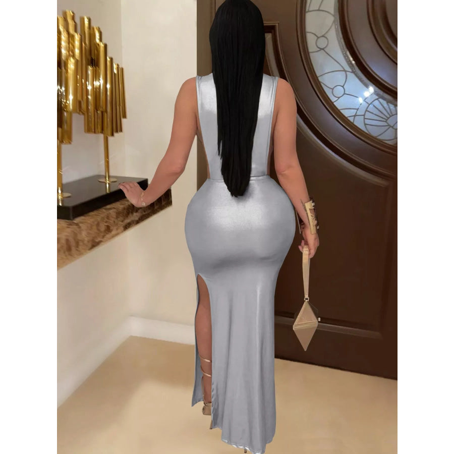 Mock Neck Cut-Out Ruched Maxi Dress Silver / S Apparel and Accessories