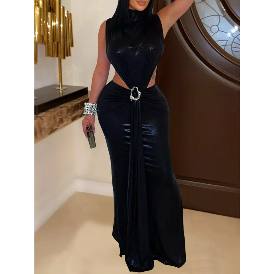 Mock Neck Cut-Out Ruched Maxi Dress Black / S Apparel and Accessories