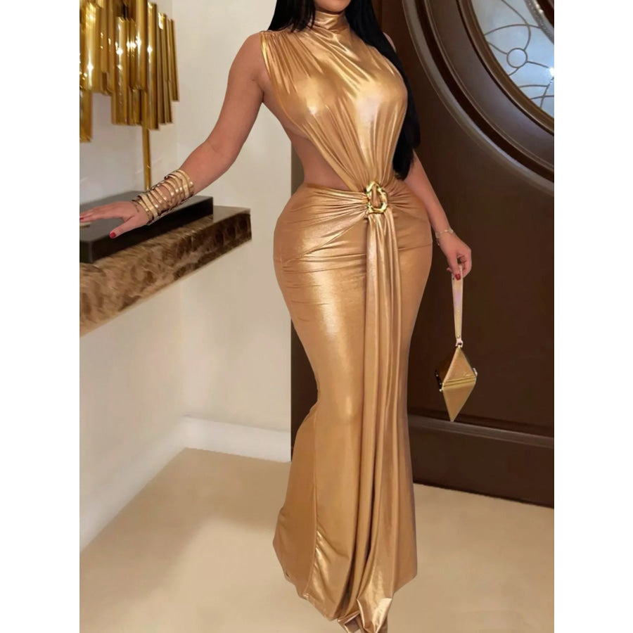 Mock Neck Cut-Out Ruched Maxi Dress Gold / S Apparel and Accessories