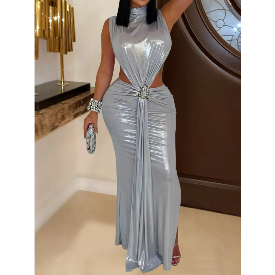 Mock Neck Cut-Out Ruched Maxi Dress Silver / S Apparel and Accessories