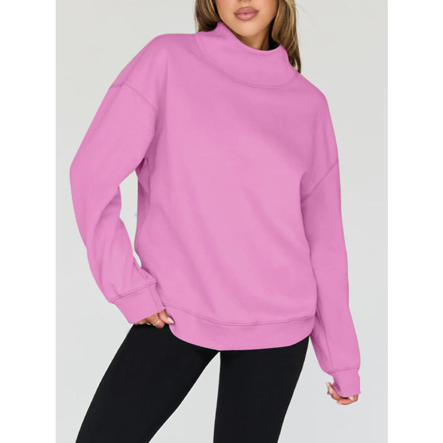 Mock Neck Drop Shoulder Long Sleeve Sweatshirt Apparel and Accessories