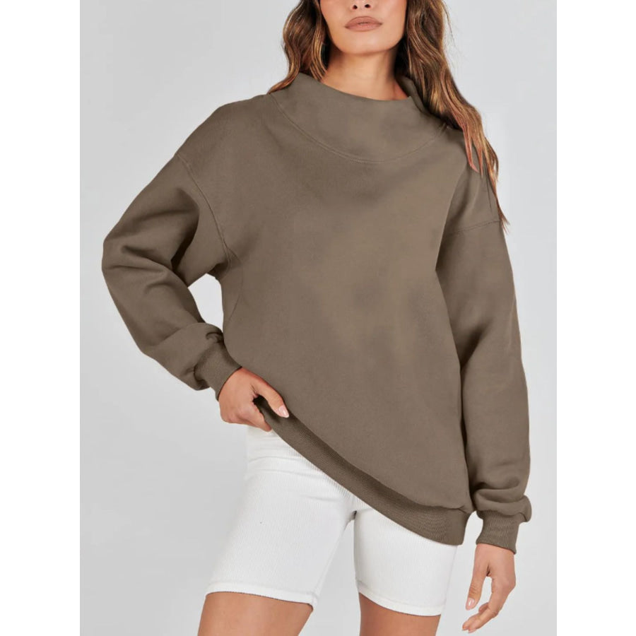 Mock Neck Drop Shoulder Long Sleeve Sweatshirt Apparel and Accessories