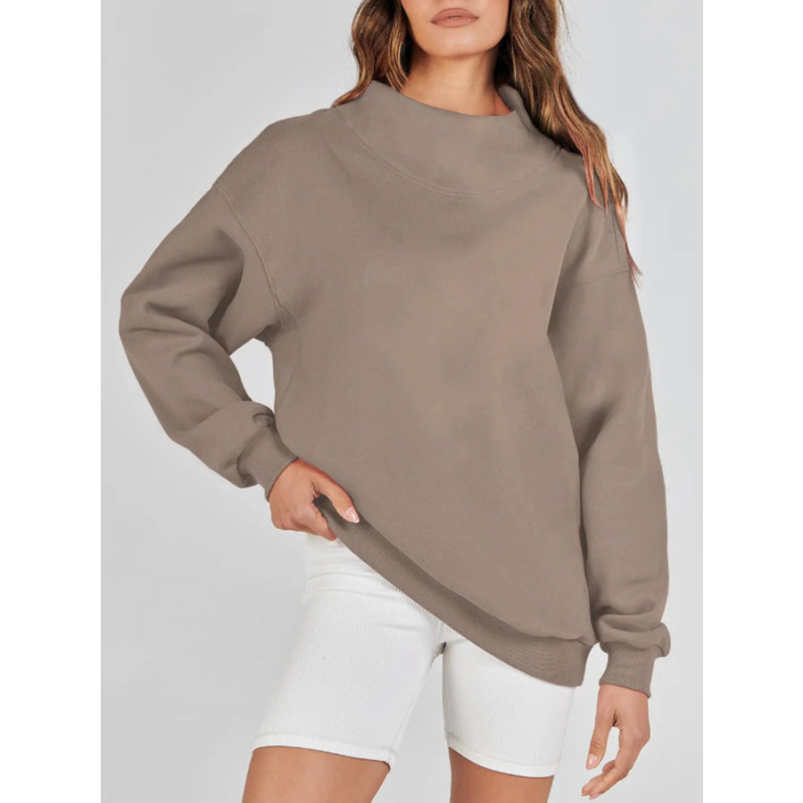 Mock Neck Drop Shoulder Long Sleeve Sweatshirt Apparel and Accessories