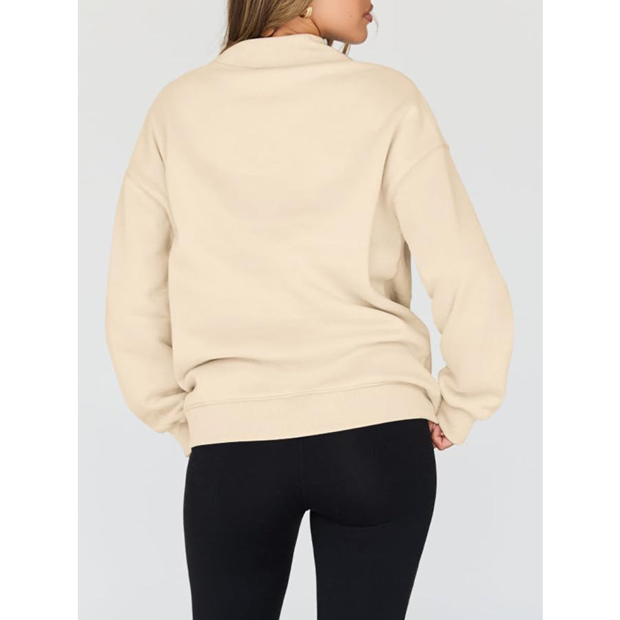 Mock Neck Drop Shoulder Long Sleeve Sweatshirt Apparel and Accessories