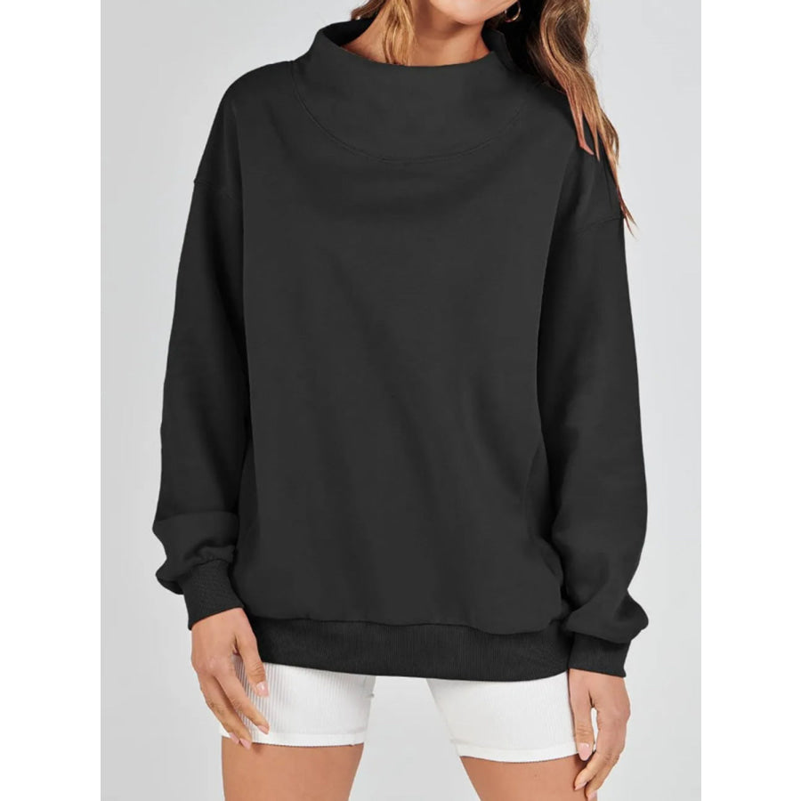 Mock Neck Drop Shoulder Long Sleeve Sweatshirt Apparel and Accessories