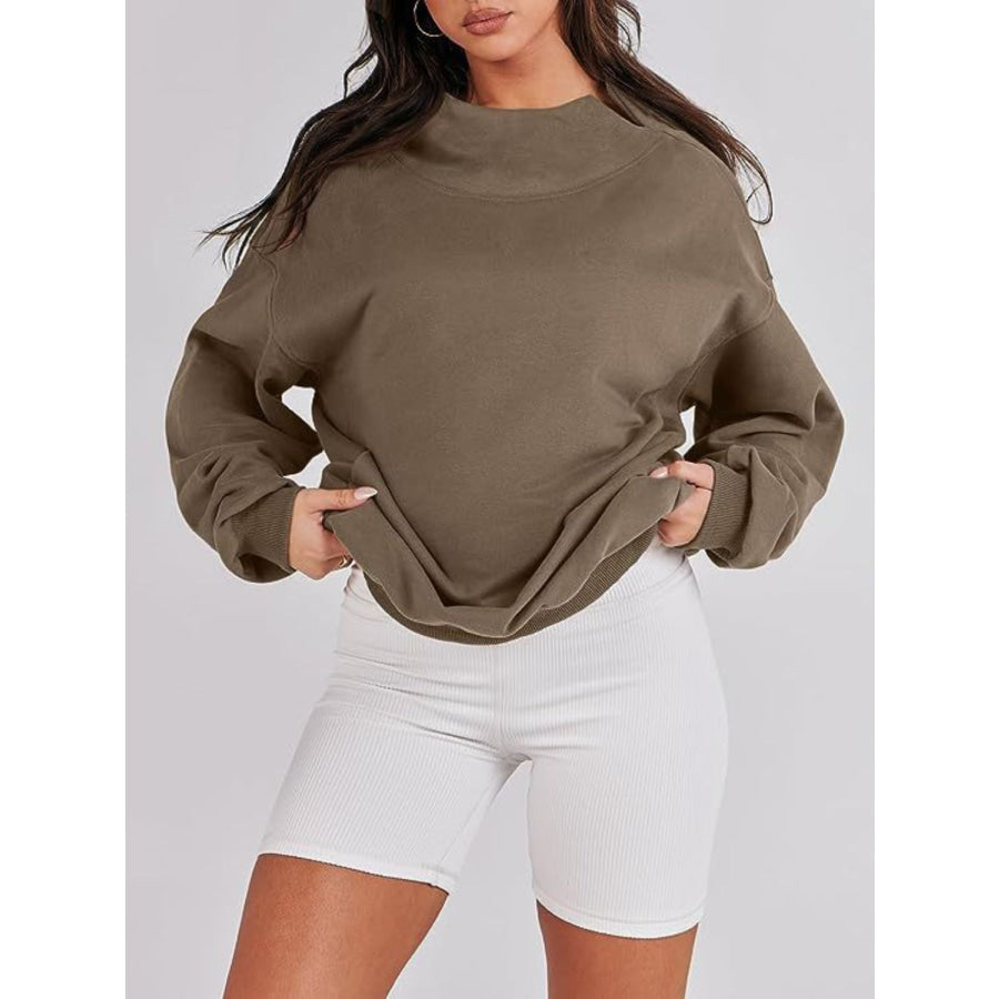 Mock Neck Drop Shoulder Long Sleeve Sweatshirt Apparel and Accessories