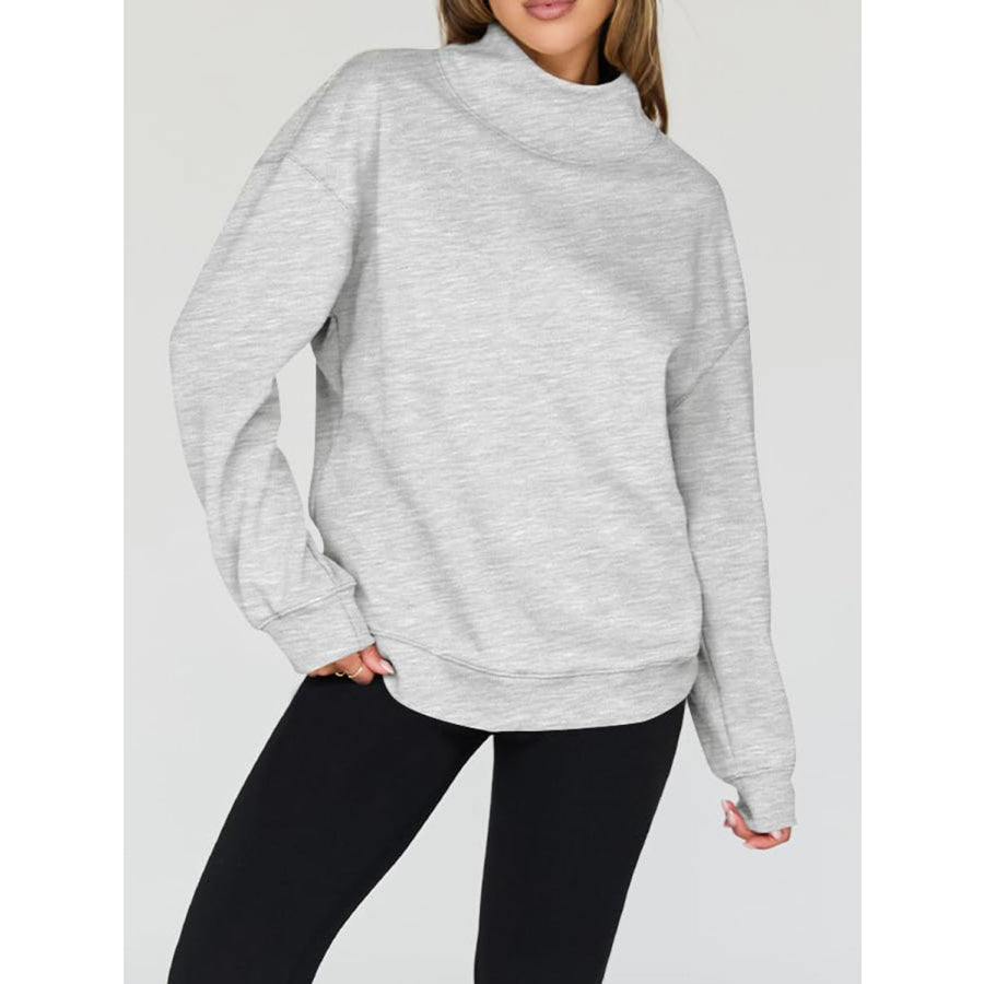 Mock Neck Drop Shoulder Long Sleeve Sweatshirt Apparel and Accessories