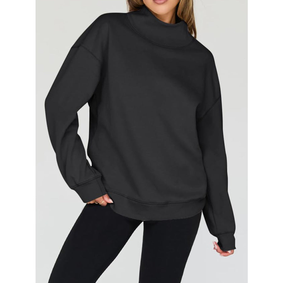 Mock Neck Drop Shoulder Long Sleeve Sweatshirt Black / S Apparel and Accessories