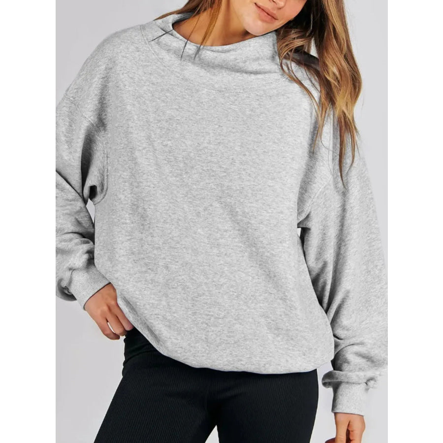 Mock Neck Drop Shoulder Long Sleeve Sweatshirt Light Gray / S Apparel and Accessories