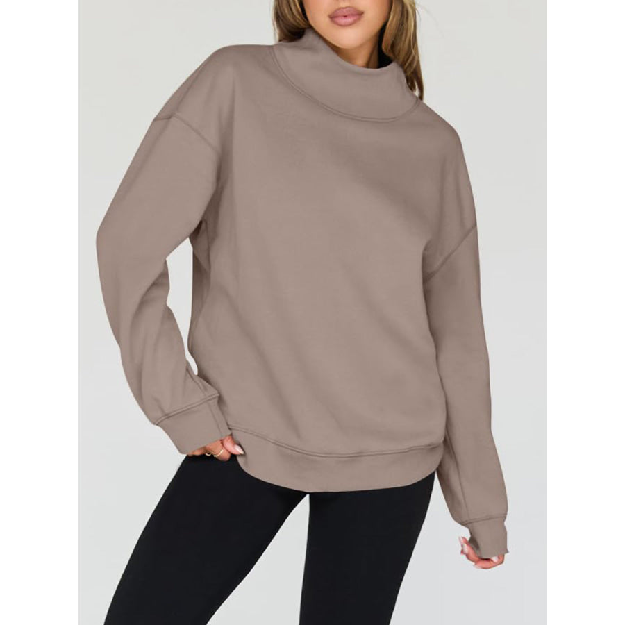 Mock Neck Drop Shoulder Long Sleeve Sweatshirt Mocha / S Apparel and Accessories