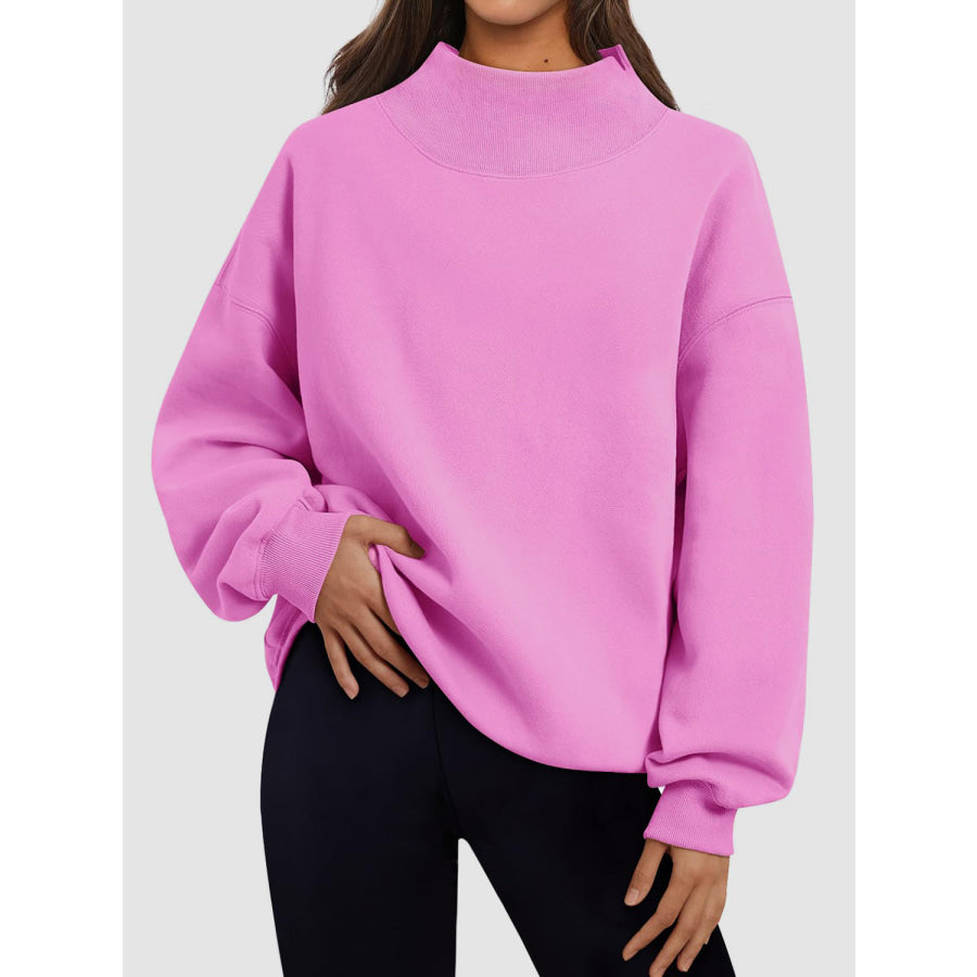 Mock Neck Drop Shoulder Long Sleeve Sweatshirt Pink / S Apparel and Accessories