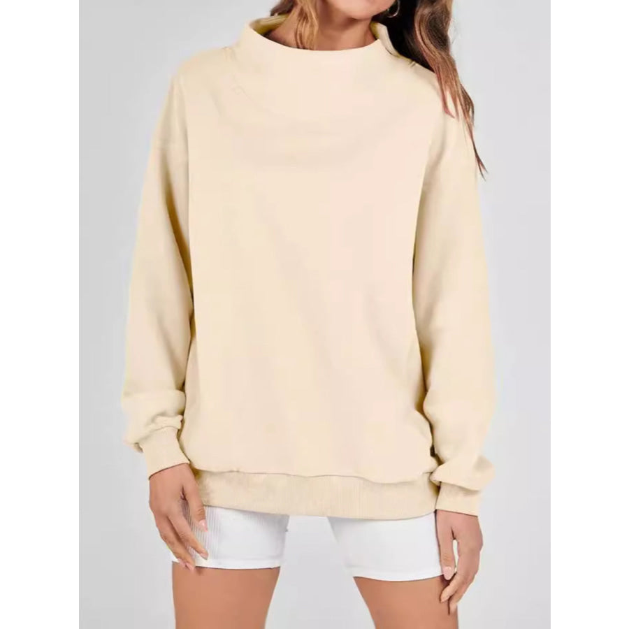 Mock Neck Drop Shoulder Long Sleeve Sweatshirt Tan / S Apparel and Accessories