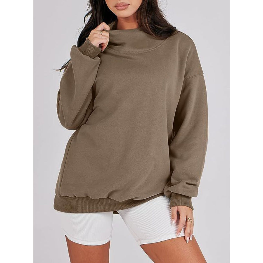 Mock Neck Drop Shoulder Long Sleeve Sweatshirt Taupe / S Apparel and Accessories