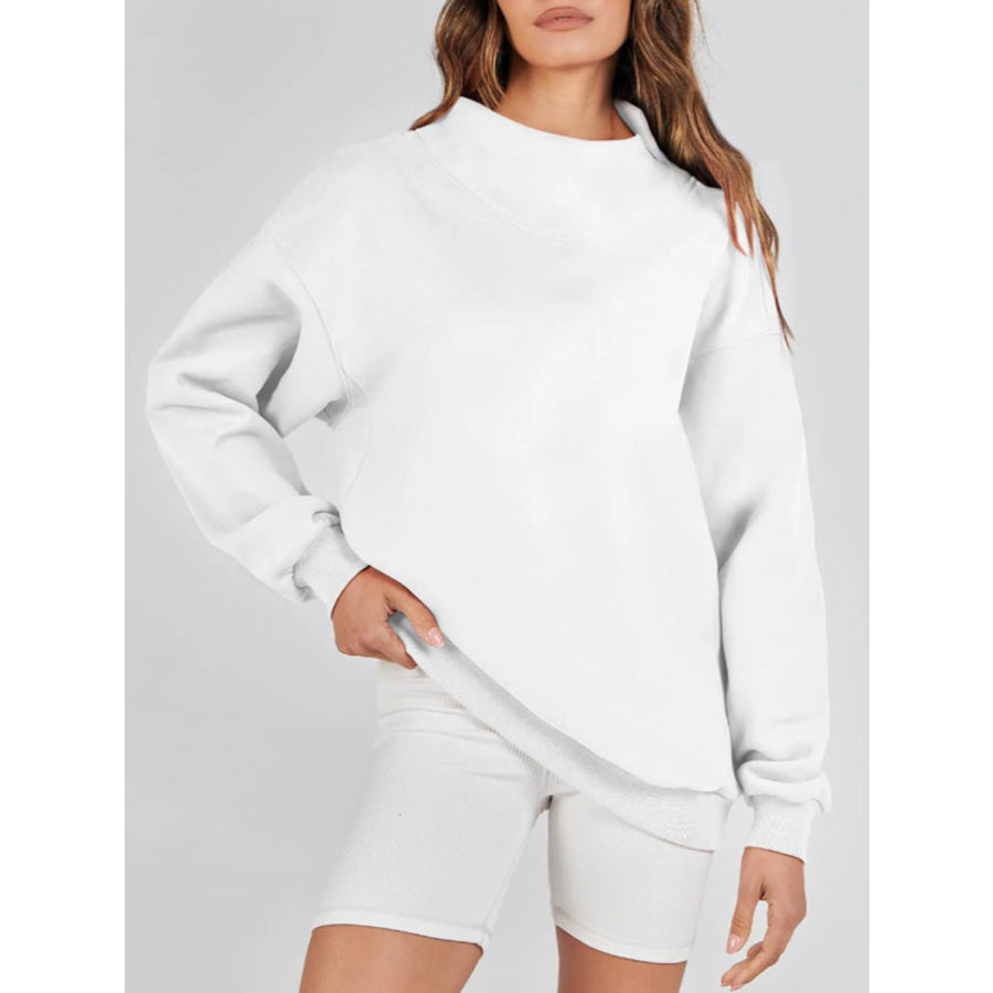 Mock Neck Drop Shoulder Long Sleeve Sweatshirt White / S Apparel and Accessories