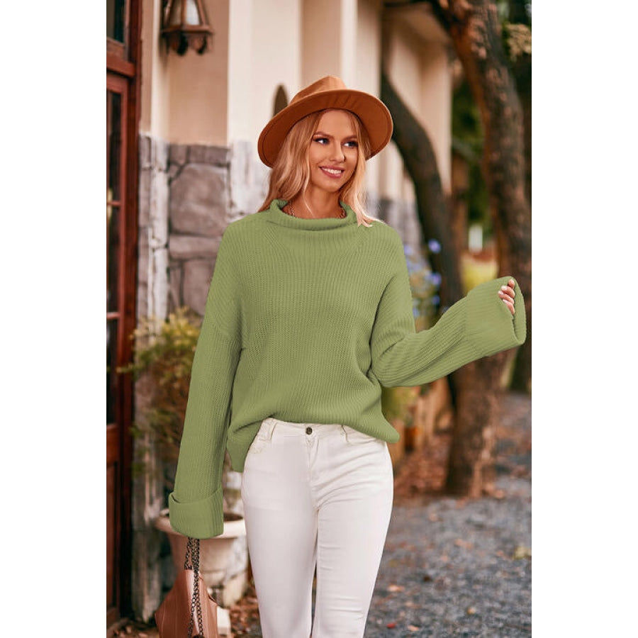 Mock Neck Drop Shoulder Sweater Matcha Green / S Clothing