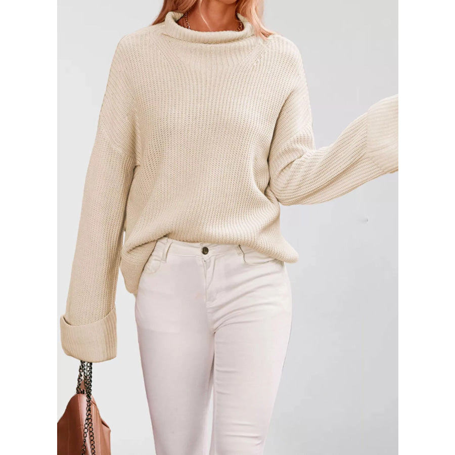 Mock Neck Dropped Shoulder Sweater Apricot / S Apparel and Accessories