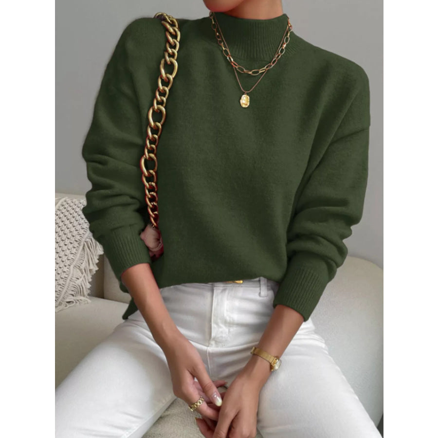Mock Neck Dropped Shoulder Sweater Army Green / S Apparel and Accessories