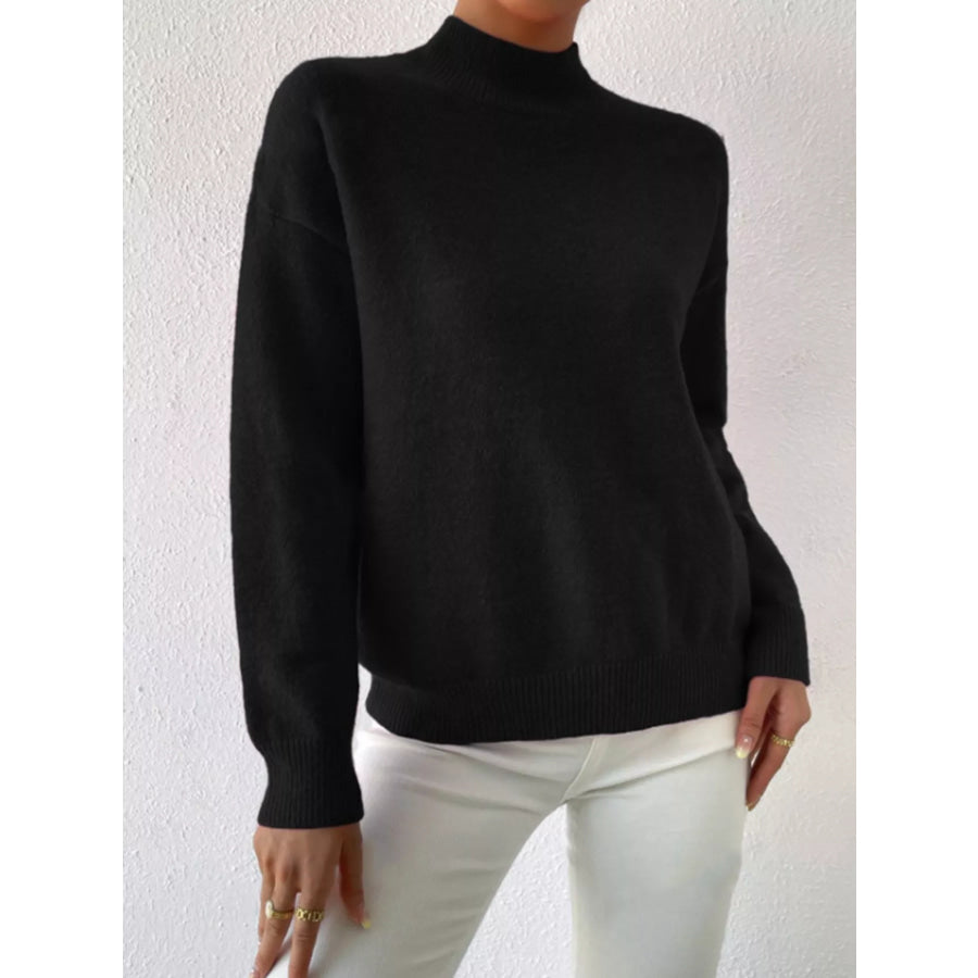 Mock Neck Dropped Shoulder Sweater Black / S Apparel and Accessories
