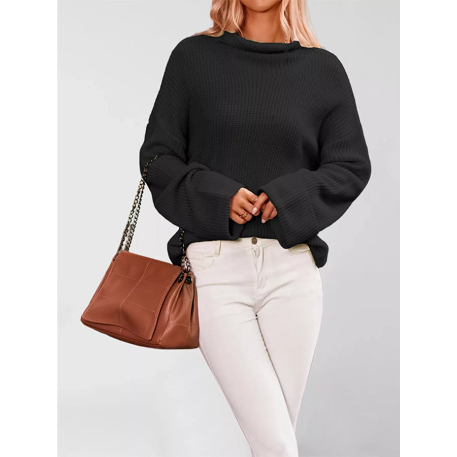 Mock Neck Dropped Shoulder Sweater Black / S Apparel and Accessories
