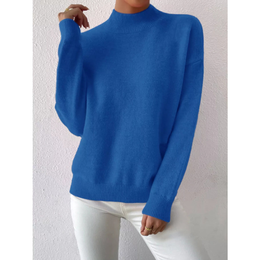 Mock Neck Dropped Shoulder Sweater Blue / S Apparel and Accessories