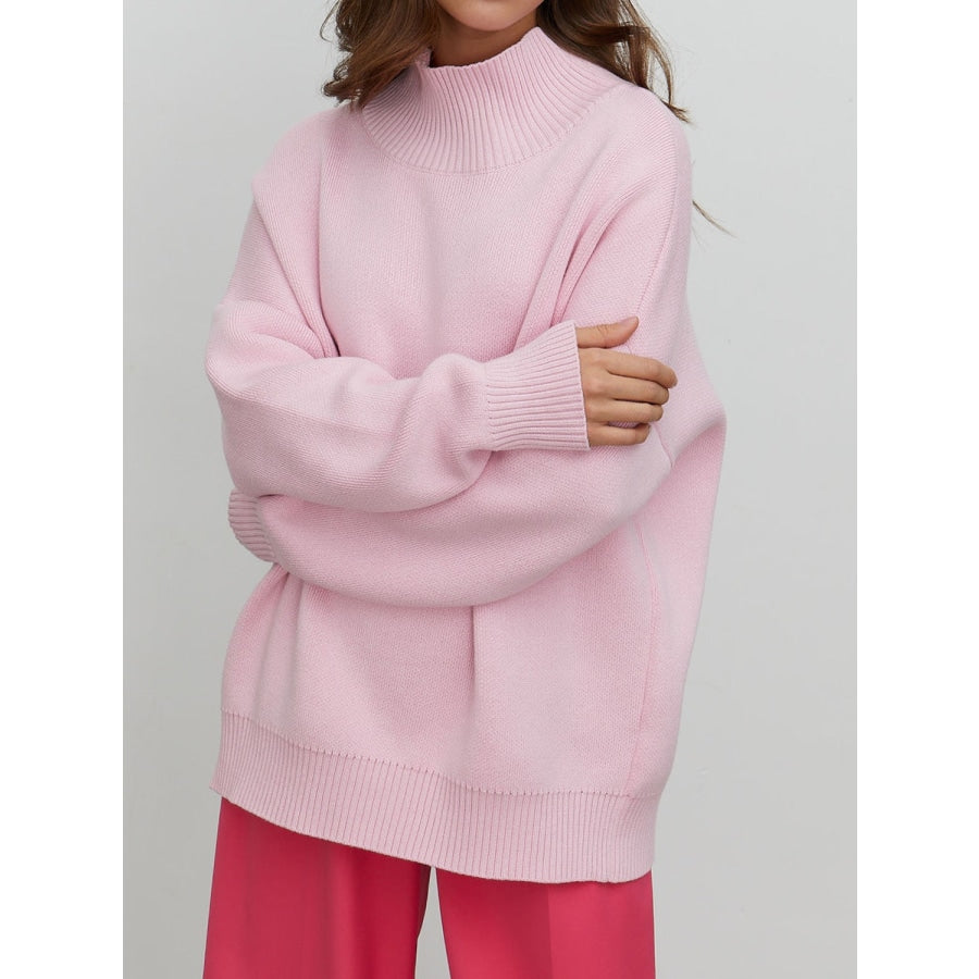 Mock Neck Dropped Shoulder Sweater Blush Pink / One Size