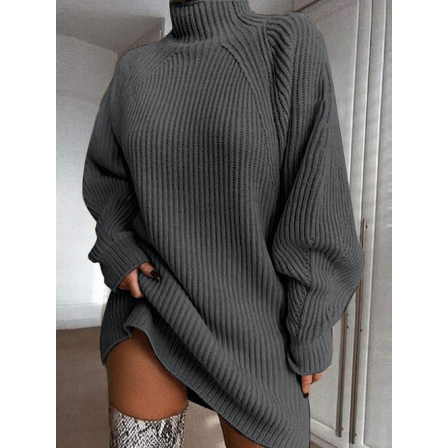 Mock Neck Dropped Shoulder Sweater Dress Charcoal / S