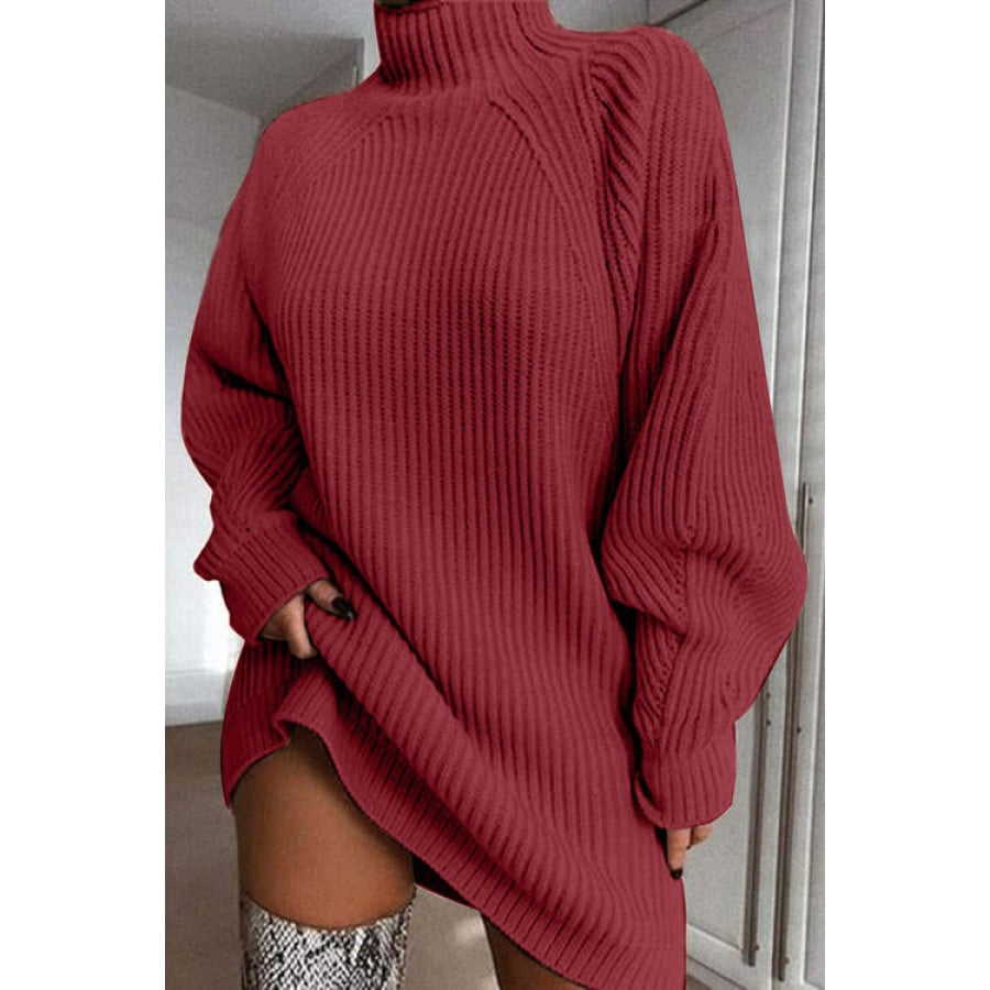 Mock Neck Dropped Shoulder Sweater Dress Deep Red / S