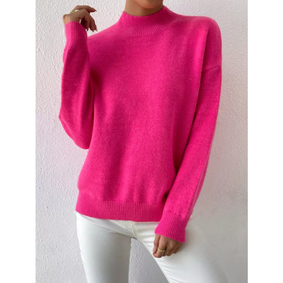 Mock Neck Dropped Shoulder Sweater Fuchsia Pink / S Apparel and Accessories