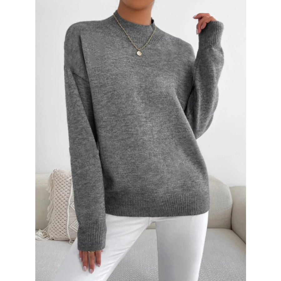 Mock Neck Dropped Shoulder Sweater Gray / S Apparel and Accessories
