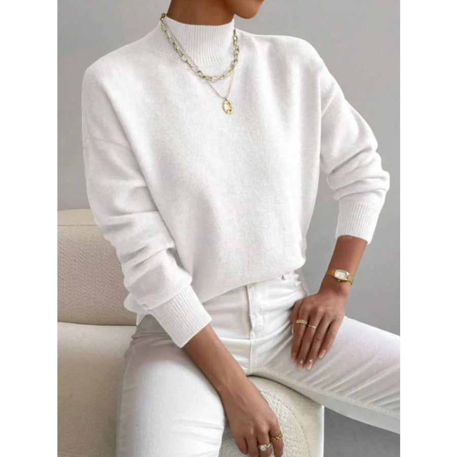 Mock Neck Dropped Shoulder Sweater Gray/white / S Apparel and Accessories