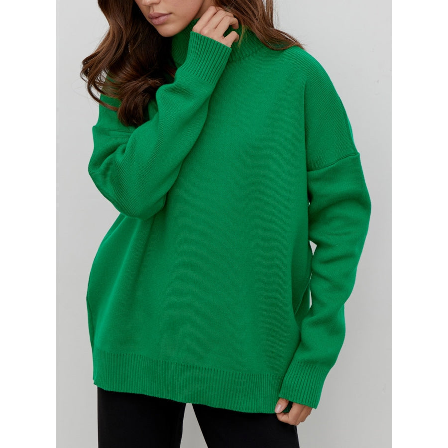 Mock Neck Dropped Shoulder Sweater Green / One Size