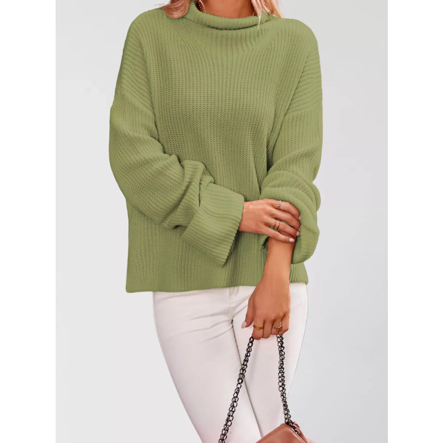 Mock Neck Dropped Shoulder Sweater Green / S Apparel and Accessories