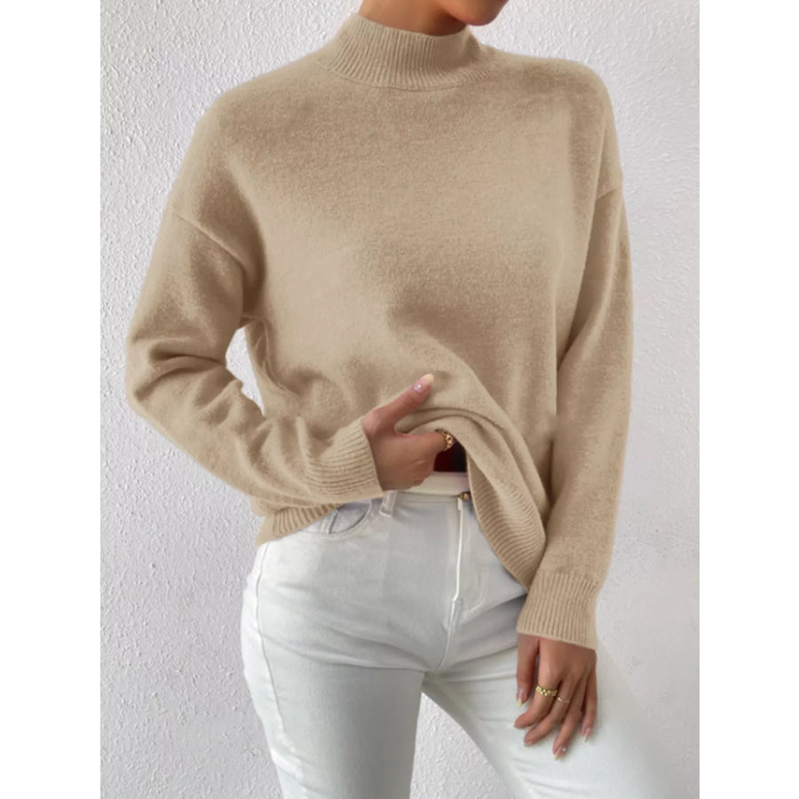 Mock Neck Dropped Shoulder Sweater Khaki / S Apparel and Accessories