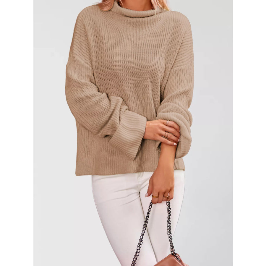 Mock Neck Dropped Shoulder Sweater Khaki / S Apparel and Accessories