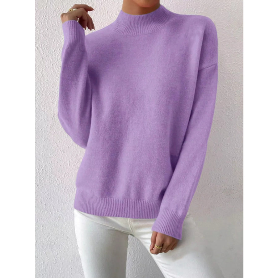 Mock Neck Dropped Shoulder Sweater Lavender / S Apparel and Accessories
