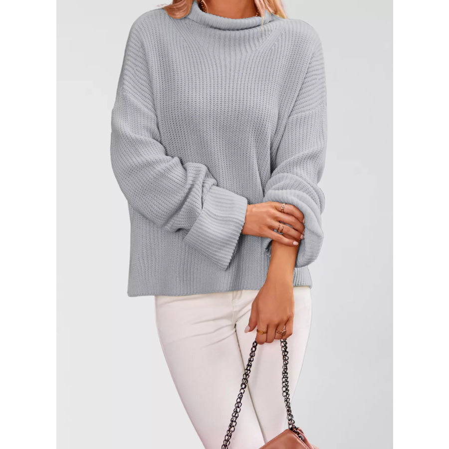 Mock Neck Dropped Shoulder Sweater Light Gray / S Apparel and Accessories