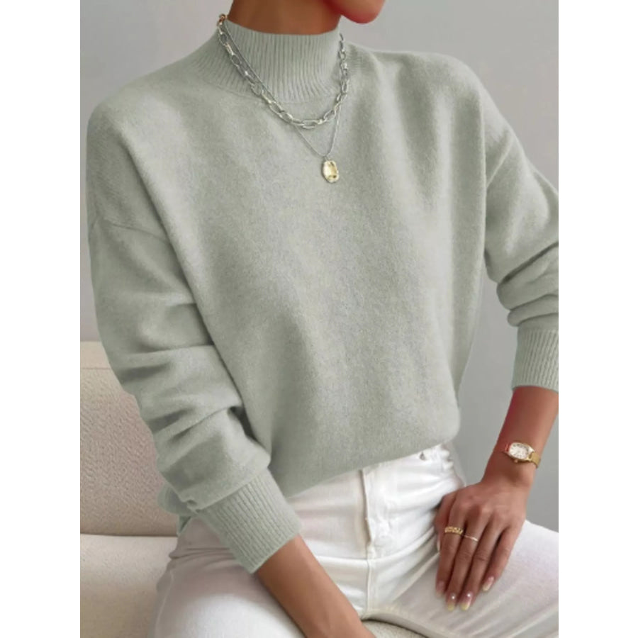 Mock Neck Dropped Shoulder Sweater Light Green / S Apparel and Accessories